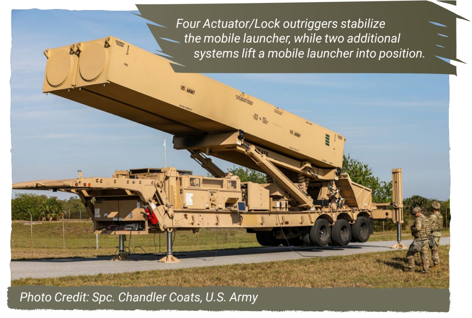 four actuator lock outriggers stabilize mobile launcher
